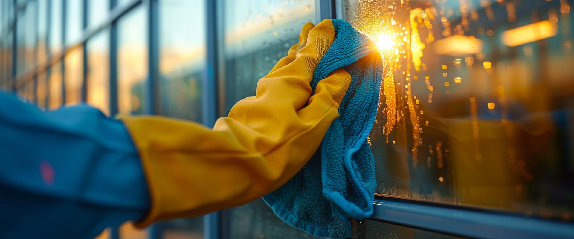 Nahaufnahme der behandschuhten Hand eines Glasreinigers, der die Fenster der Fassade eines Gebäudes mit einem grünen Tuch und Reinigungsmitteln putzt.